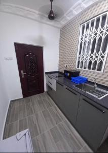 a kitchen with a sink and a brown door at BAFFOUR STUDIO in Kumasi