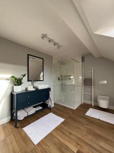 a bathroom with a sink and a shower at Willa Janina in Jelenia Góra