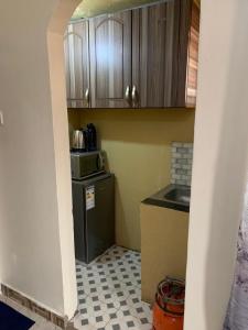 una piccola cucina con lavello e microonde di Vine suites a Kampala Altre 2 foto