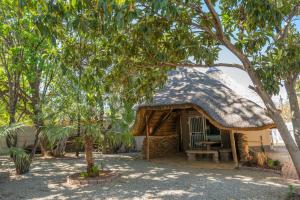 a house with a thatched roof with a bench in front at Cosy Cottages Guesthouse in Potchefstroom