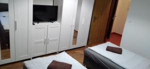 salon z telewizorem na białej szafce w obiekcie Apartmány Šrámek Stříbro w mieście Stříbro