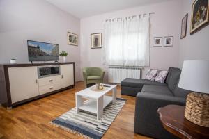 een woonkamer met een bank en een tv bij Apartman Gundulić in Vinkovci