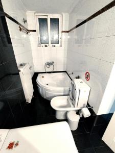 La salle de bains blanche est pourvue de toilettes et d'un lavabo. dans l'établissement Sophie's Guest House, à Vólos