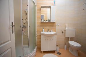 een badkamer met toilet, wastafel en douche bij Apartman Gundulić in Vinkovci +37 foto's