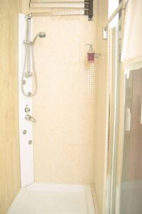 La salle de bains est pourvue d'une douche et d'une porte en verre. dans l'établissement Plaza de España View with Terrace, à La Corogne