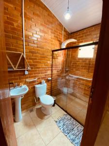 uma casa de banho com um WC e uma cabina de duche em vidro. em Pousada, Camping e Restaurante do Sô Ito em Santa Rita de Jacutinga