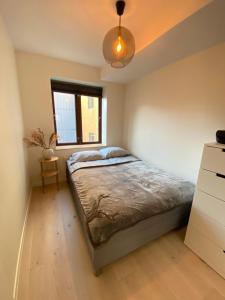 um quarto com uma cama e uma janela em Moderne leilighet midt i sentrum av Fredrikstad em Fredrikstad