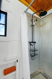 a shower in a bathroom with a shower curtain at The Shepherds Hut - boutique retreat. in Hanmer Springs