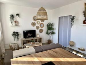 ein Wohnzimmer mit einem Sofa und einem TV in der Unterkunft Un cocon en plein coeur de Marseille in Marseille