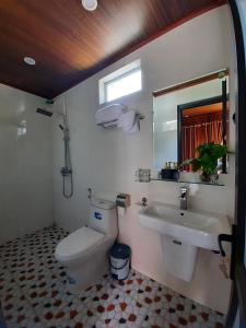 a bathroom with a toilet and a sink and a mirror at Tam Coc Viet Ha Homestay in Ninh Binh