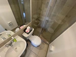 La salle de bains est pourvue d'une douche, de toilettes et d'un lavabo. dans l'établissement Departamento completo Surquillo/Miraflores, à Lima