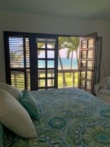 um quarto com uma cama e vista para o oceano em Cabarete Beachfront Condos Nanny Estate A3 em Cabarete