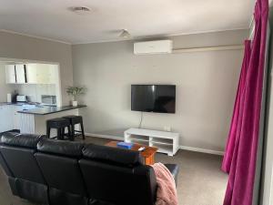 a living room with a couch and a tv at 3-bedroom unit within walking distance to city in Hamilton
