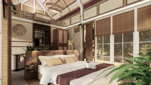 een slaapkamer met een bed in een kamer met ramen bij Jawa Jiwa G-Land Resort in Dadapan