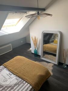 een slaapkamer met een spiegel en een bed bij 38 Maison entière,place de parking et garage pour moto velo in Duinkerke