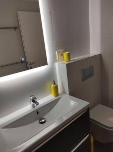 a bathroom with a sink and a mirror and a toilet at Sky City Panoramic in Iaşi +22 photos