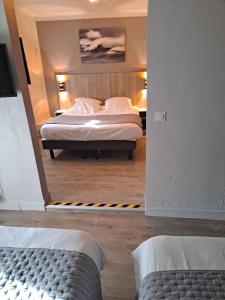 a view of a bedroom with a bed and a mirror at Hôtel Du Viaduc in Tarascon