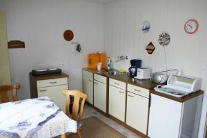 a kitchen with a counter and a table in it at Ruegen_Fewo 285 in Neu Mukran