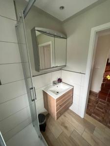 a bathroom with a sink and a mirror at Ferienhaus Kira in Boltenhagen