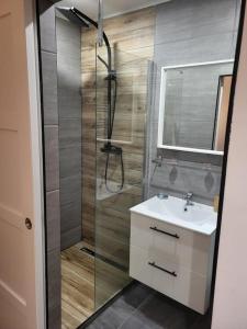 a bathroom with a shower and a sink and a mirror at Cosy Corner - Appartement spa - Jacuzzi in Marsannay-la-Côte