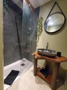 uma casa de banho com um lavatório e um chuveiro em La demeure de Poulpican chambre BROCELIANDE jacuzzi charme et romantique mer plage restaurant à 300m Golfe Saint Tropez em La Croix-Valmer
