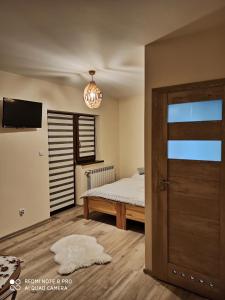 a bedroom with a bed and a television and a door at Willa Tatry in Bańska Niżna
