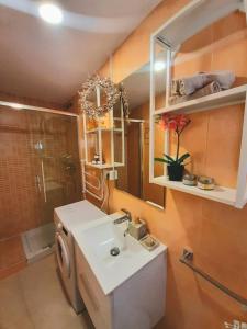 een badkamer met een wastafel, een douche en een spiegel bij Golden Realejo Guest house in Granada +12 foto's