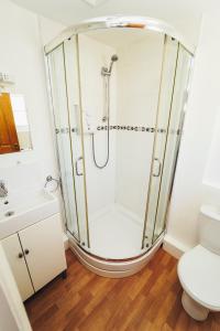 a bathroom with a shower and a toilet at Cottages in Derbyshire - Orchard Cottage in Belper