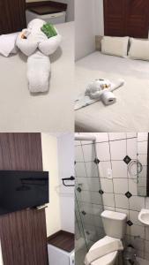 drie foto's van een badkamer met een bed en een toilet bij Pousada Mandacaru in Maceió