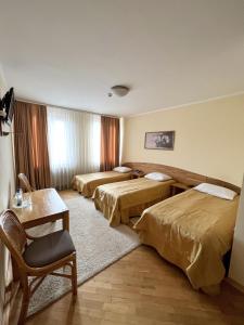 una habitación de hotel con 3 camas y una silla en Hotel Zorepad, en Zabolotiv