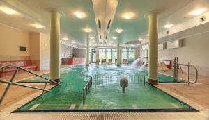 a swimming pool with a waterfall in a building at Hotel Studanka in Rychnov nad Kněžnou