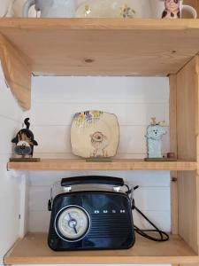 a wooden shelf with a radio on it at The Shepherds Hut at Forestview Farm in Greenisland