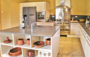 eine Küche mit einer Theke mit Töpfen und Pfannen in der Unterkunft Lovely Home In Valojoulx in Valojoulx