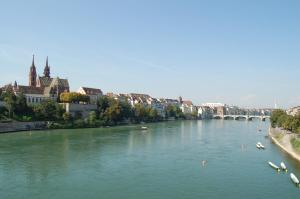 ein Fluss mit Gebäuden und Schwänen im Wasser in der Unterkunft Rent a Home Landskronstrasse - Self Check-In in Basel