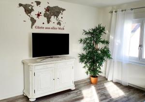 a tv on a white cabinet in a room with a plant at Ferienwohnung Schweier - Außerhalb und doch zentral in Freiburg im Breisgau