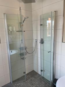 a bathroom with a shower with a glass door at Ferienwohnung Werratal in Obermaßfeld-Grimmenthal