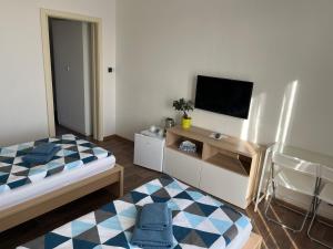 niewielka sypialnia z łóżkiem i telewizorem w obiekcie Penzion Cafe Na Svahu w mieście Cheb