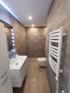 ein Badezimmer mit einem weißen Waschbecken und einem WC in der Unterkunft Vytauto 422 Apartments by JK in Palanga