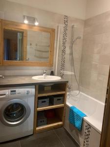 a bathroom with a sink and a washing machine at Chalet des fleurs in Samoëns