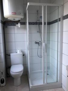W łazience znajduje się toaleta i przeszklony prysznic. w obiekcie Magistic Studio Paris Montreuil w mieście Montreuil