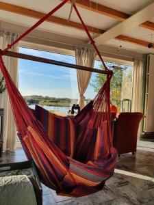 a hammock in a living room with a view at Walvisch van Ghyspe in Wormer