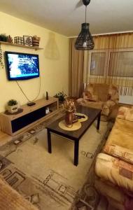 a living room with a table and a tv at Serbian home Smederevo in Smederevo