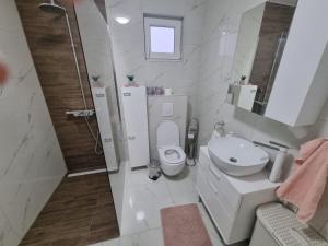 a bathroom with a toilet and a sink and a shower at Kuća za odmor Rita in Čepin