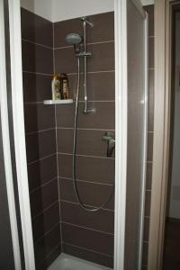 y baño con ducha y manguera. en Appartamento nel Cuore della Val di Sole, en Dimaro