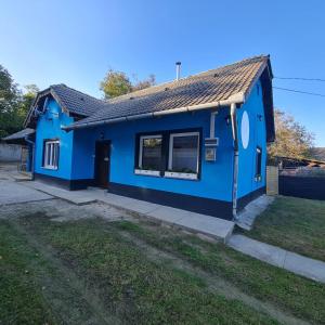 una casa azul con patio en Het Blauwe Salamander Huis, 