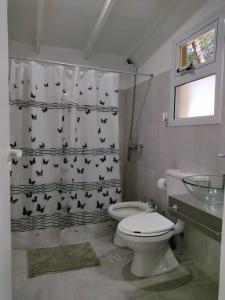 a bathroom with a toilet and a shower curtain with bats at Brisa de Patagonia 1 in Trevelin