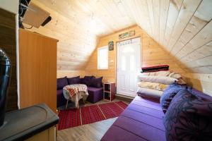 ein Wohnzimmer mit einem lila Sofa im Dachgeschoss in der Unterkunft Dobre Vode 2 in Žabljak