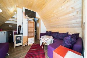 a living room with a purple couch and a stove at Dobre Vode 2 in Žabljak