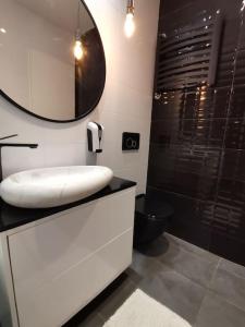 a bathroom with a sink and a shower with a mirror at Apartamenty Motyl in Bytom