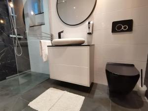 a bathroom with a sink and a toilet and a mirror at Apartamenty Motyl in Bytom